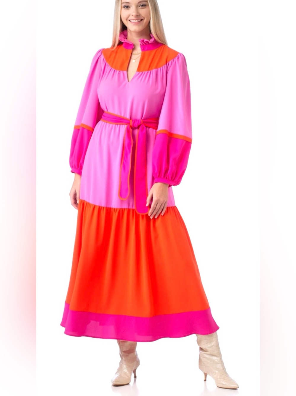 Crosby by Mollie Burch Colorblock Maxi Dress Pink Orange Belted M